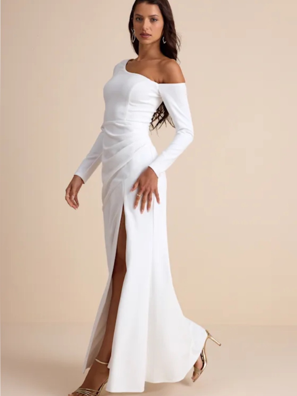 New Lulu's White One-Shoulder Long Sleeve Maxi Dress W/Slit Sz Medium